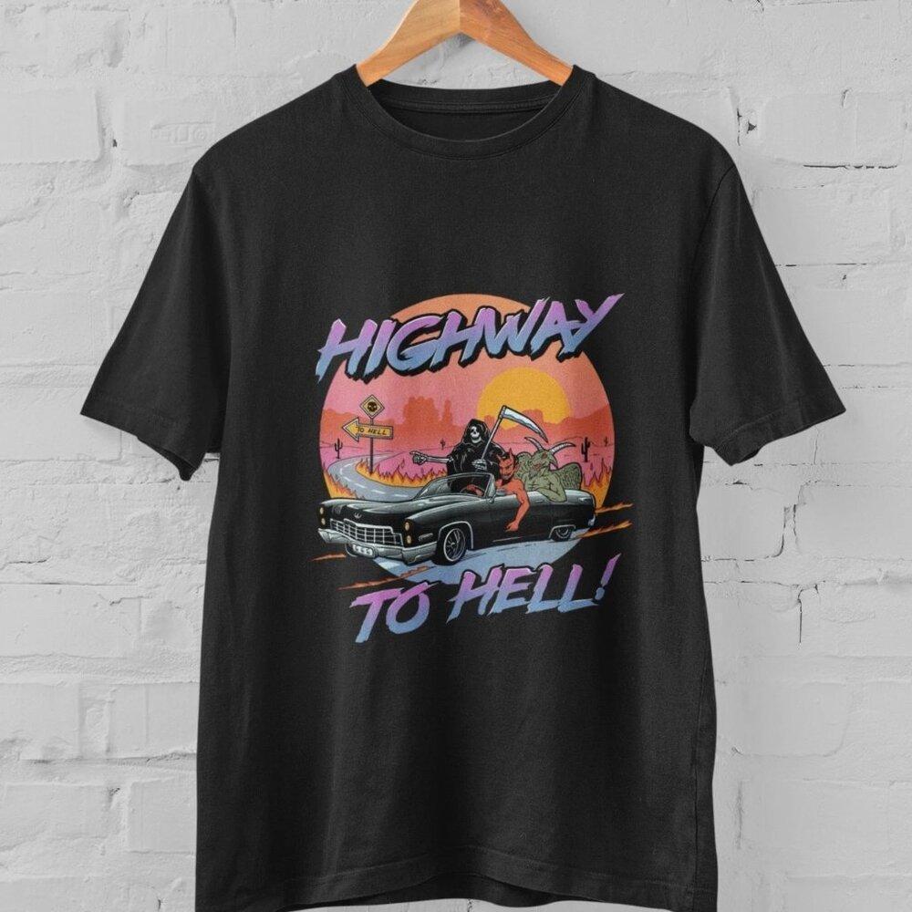 Retro Grim Reaper Car Highway To Hell Graphic Tee Rock Unisex T-Shirt